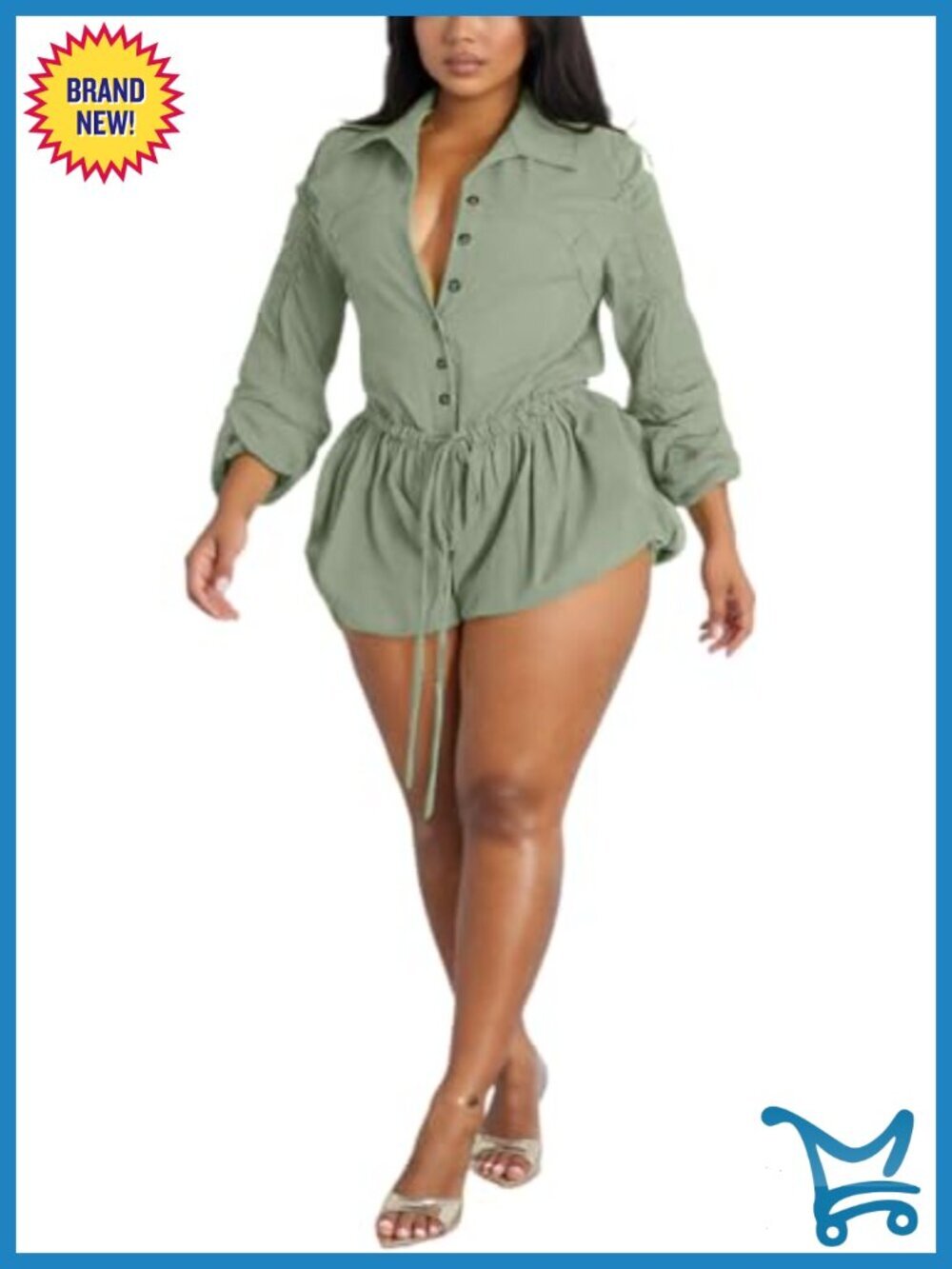 Long Sleeve Cargo Romper with Drawstring Waist Bubble Short Jumpsuit